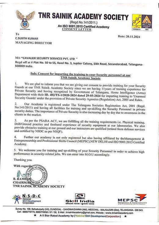 TNR Sainik Academy certificate