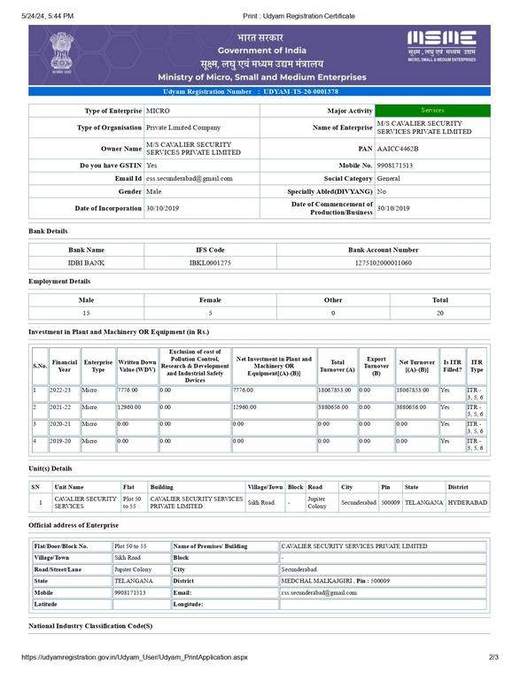 Udyam MSME registration certificate, second page