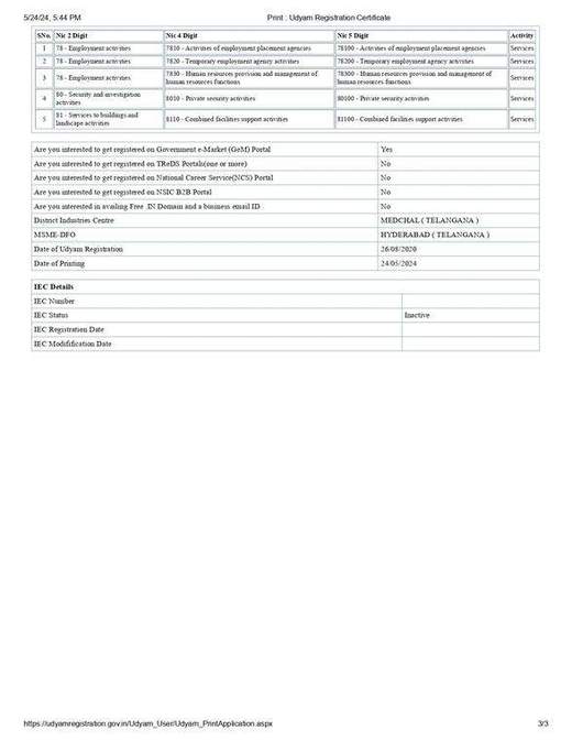 Udyam MSME registration certificate, third page